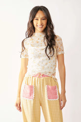 Davi & Dani Loose Turtle Neck Lace Mesh Lace Sheer Top APRICOT OutfitFlow