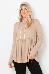 Be Stage Full Size Long Sleeve Peplum Cable Knit Hoodie Taupe OutfitFlow