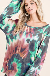 BiBi Tie Dye Print Terry Top with Puff Sleeves MOCHA CHARCOAL OutfitFlow