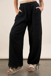 VERY J Wide Leg Gauze Solid Pants Black OutfitFlow