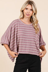 Mittoshop Texture Striped Print Round Neck Dolman Sleeve Top Dusty Pink OutfitFlow
