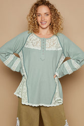 POL Round Neck Long Sleeve Lace Trim Thermal Top Forest Green OutfitFlow
