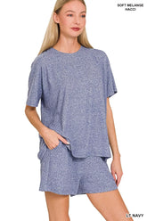 Zenana Soft Melange Short Sleeve Tee and Shorts Set LT NAVY OutfitFlow