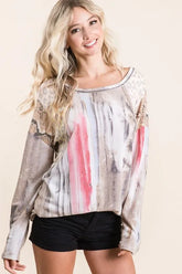 BiBi Tie Dye Knit Top with Print Block Shoulder TAUPE VINTAGE RED OutfitFlow