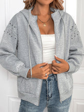 Perfee Rhinestone Zip Up Long Sleeve Hoodie Light Gray OutfitFlow