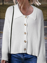Collared Neck Button Down Long Sleeve Cardigan White OutfitFlow