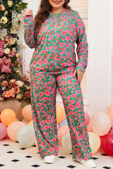 Plus Size Printed Round Neck Long Sleeve Top and Pants Set Deep Rose OutfitFlow