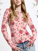 Floral Print Exposed Seam Detail Mesh Long Sleeve Top Dusty Pink Trendsi