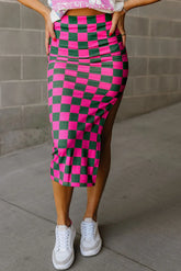 Split Checkered Midi Skirt Hot Pink OutfitFlow