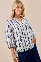 BiBi Bow Ribbon Printed Woven Bubble Sleeves Top OFF WHITE OutfitFlow