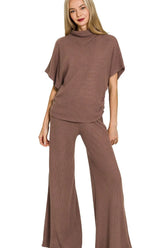 Zenana Sweater Mock Neck Top & Long Pants Set BROWN OutfitFlow