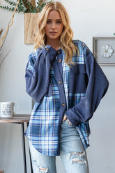 Oh Plaid Button Up Long Sleeve Shacket with Breast Pockets Blue OutfitFlow