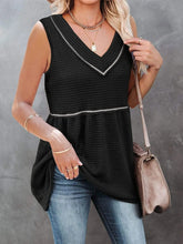 V-Neck Contrast Trim Waffle Knit Tank Top Black OutfitFlow