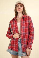 VERY J Contrast Plaid Raw Detail Shirt Red OutfitFlow