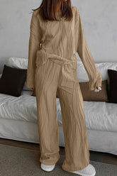 Texture Dropped Shoulder Long Sleeve Top and Pants Set Camel OutfitFlow
