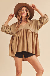 Aemi + Co High-Low Frayed Hem V-Neck Blouse Oatmeal OutfitFlow