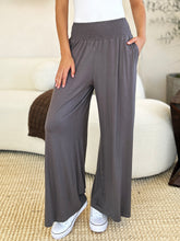 Double Take Full Size Smocked Wide Waistband Wide Leg Pants Dark Gray OutfitFlow