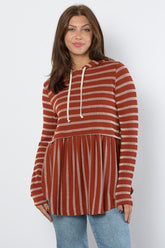Be Stage Full Size Drawstring Striped Babydoll Hoodie Rust OutfitFlow