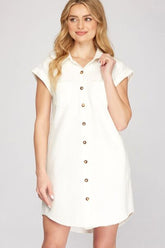 She + Sky Full Size Folded Cuff Button Down Washed Twill Shirt Dress Plus Size Ivory OutfitFlow