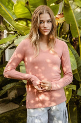 BiBi Mir Solid Raw Edge Neckline Thumb Opening Top DUSTY PINK OutfitFlow