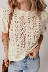 Hollowed Round Neck Half Sleeve Sweater Cream OutfitFlow