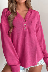 Exposed Seam Detail Henley Knit Hoodie Hot Pink OutfitFlow
