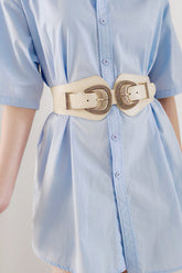 Shell Double Buckle Elastic Wide Belt Cream One Size OutfitFlow