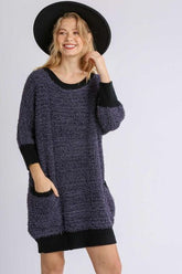 Umgee Full Size Ribbed Hem Round Neck 3/4 Sleeve Sweater Dress with Pockets Plus Size Black OutfitFlow