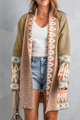 Geometric Open Front Long Sleeve Cardigan Khaki OutfitFlow
