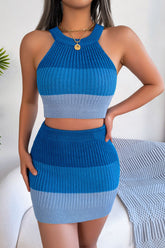 Color Block Sleeveless Crop Knit Top and Skirt Set Blue OutfitFlow