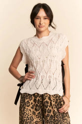 Davi & Dani Ribbon Bow Ties Scalloped Trim Knit Semi Crop Top CREAM OutfitFlow