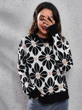 Floral Round Neck Long Sleeve Sweater Black OutfitFlow