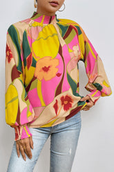 Floral Smocked Lantern Sleeve Mock Neck Blouse Multicolor OutfitFlow