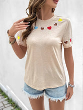 Heart Round Neck Short Sleeve T-Shirt Tan OutfitFlow