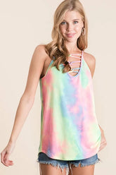 BiBi Tie Dye Terry Caged Neck Knit Camisole PASTEL TIE DYE OutfitFlow