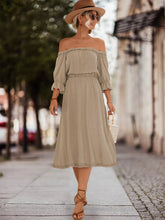 Off-Shoulder Flounce Sleeve Midi Dress Khaki OutfitFlow