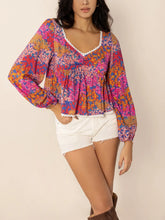 Lace Detail Printed Balloon Sleeve Top Fuchsia Pink OutfitFlow
