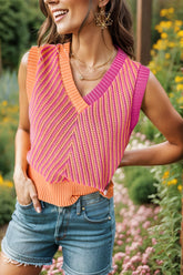 Contrast V-Neck Sweater Vest Tangerine OutfitFlow