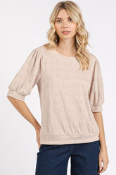 Mittoshop Fan Shell Texture Short Puff Sleeve Knit Top Tan OutfitFlow