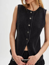 Button Down Round Neck Denim Vest Black OutfitFlow