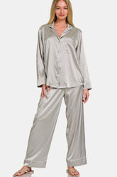 Zenana Satin Long Sleeve Shirt and Pants Pajama Set Silver OutfitFlow
