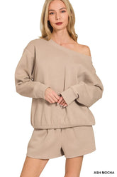 Zenana Fleece Boat Neck Sweatshirt and Shorts Set ASH MOCHA OutfitFlow