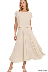 Zenana Woven Crinkle Gauze Crop Tee and Skirt Set SAND BEIGE OutfitFlow