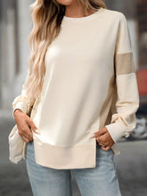 Side Slit Round Neck Sweatshirt Tan OutfitFlow