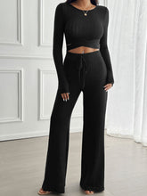 Devine Crisscross Round Neck Long Sleeve Top and Pants Set Black OutfitFlow