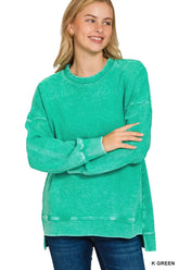 Zenana Full Size Acid Washed Double Ribbed Hi-low Sweatshirt Plus Size K GREEN OutfitFlow