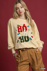 Umgee HO Applique French Terry Sweatshirt Cream OutfitFlow