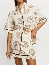 Printed Button Up Shirt and Skirt Set Beige OutfitFlow