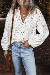 Eyelet V-Neck Long Sleeve Blouse White OutfitFlow