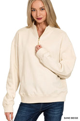 Zenana Fleece Half Zip Sweatshirt SAND BEIGE OutfitFlow
